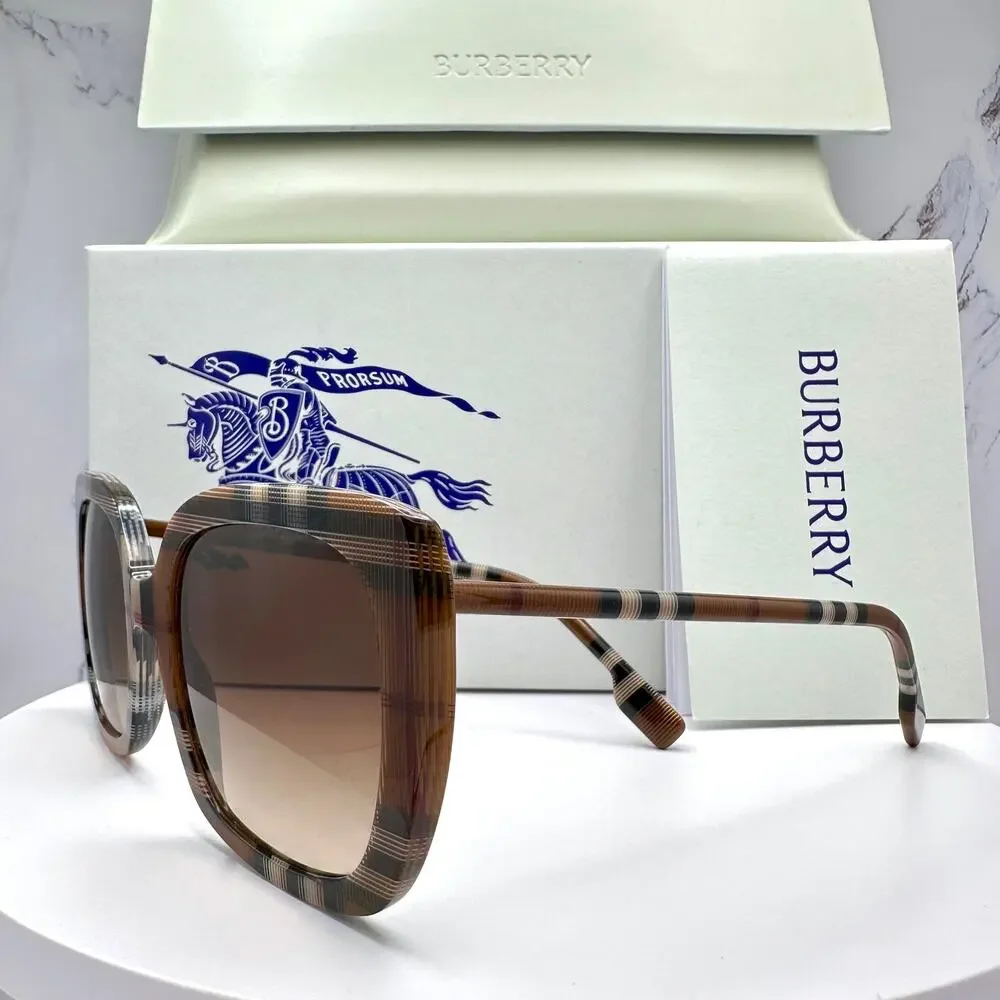 New Burberry Sunglasses Brown Check Square Frames Gradient Lens w/ Case BURBERRY